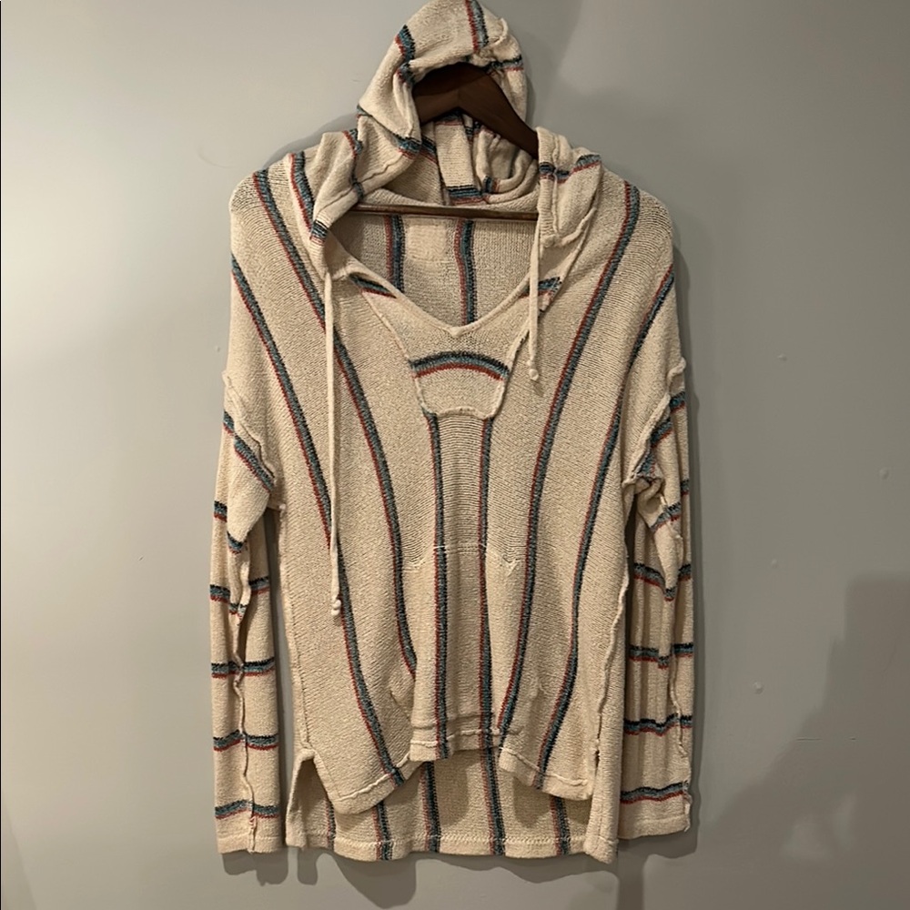 Billabong Beige Striped V-Neck Hoodie Sweater